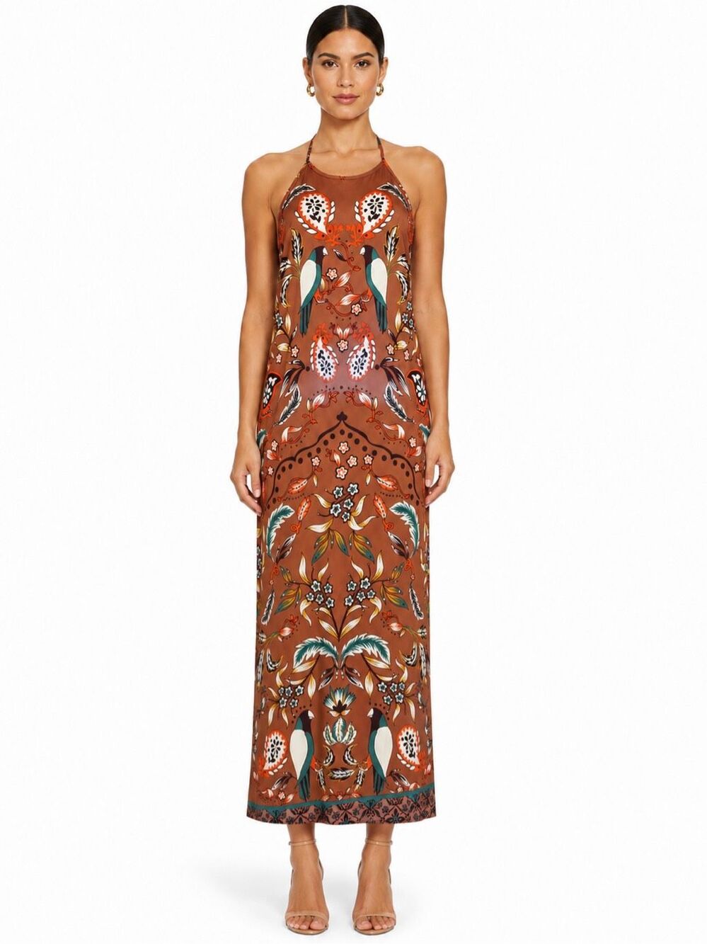 House of Harlow 1960 Bird Print Open Back Halter Midi Dress Brown Size L